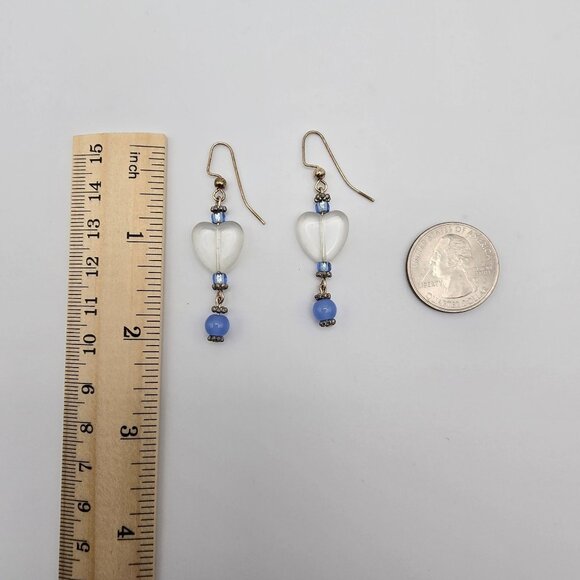 Women's Fashion Jewelry Clear Heart Shaped Blue Beaded Dangle Drop Hook Earrings - Picture 7 of 11
